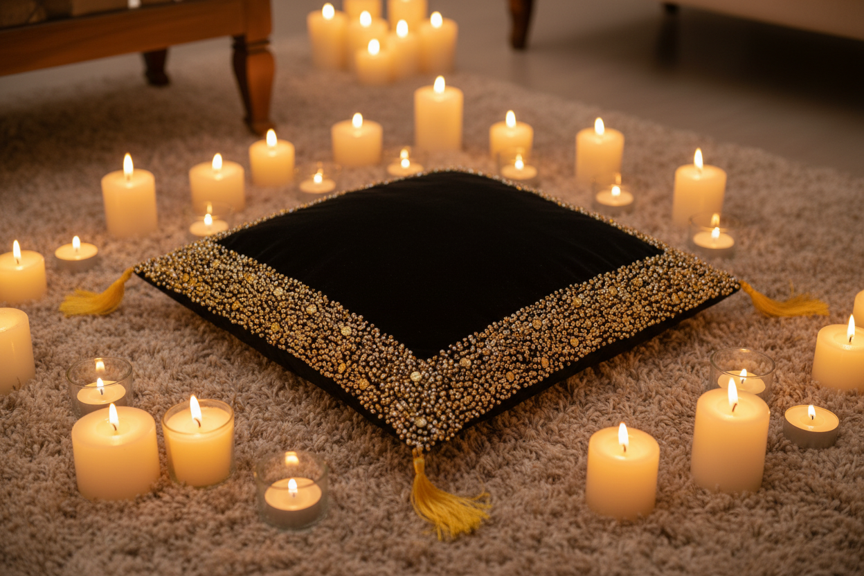 Luxury Black Velvet Cushion with Gold Sequins Hand Embroidery- 1 Pc