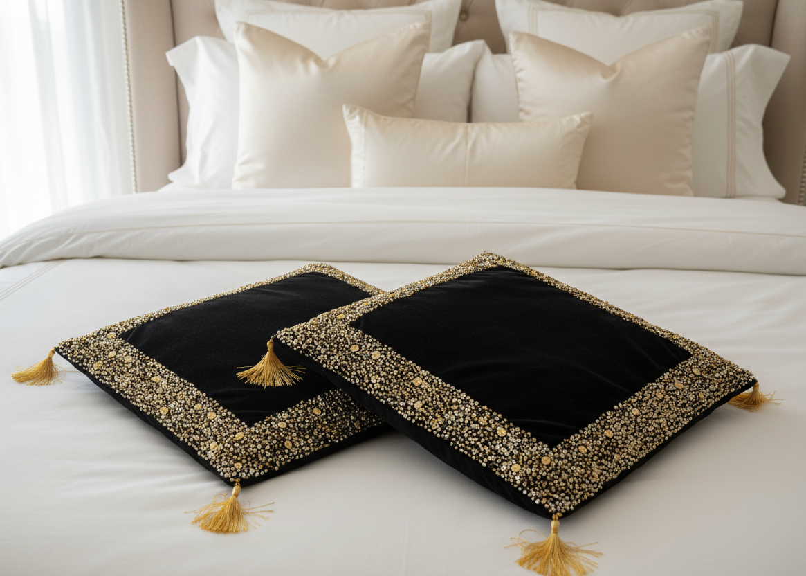 Luxury Black Velvet Cushion with Gold Sequins Hand Embroidery- 1 Pc