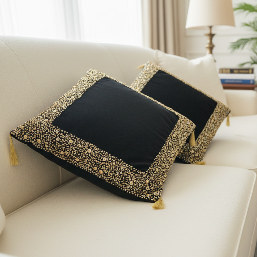 Luxury Black Velvet Cushion with Gold Sequins Hand Embroidery- 1 Pc