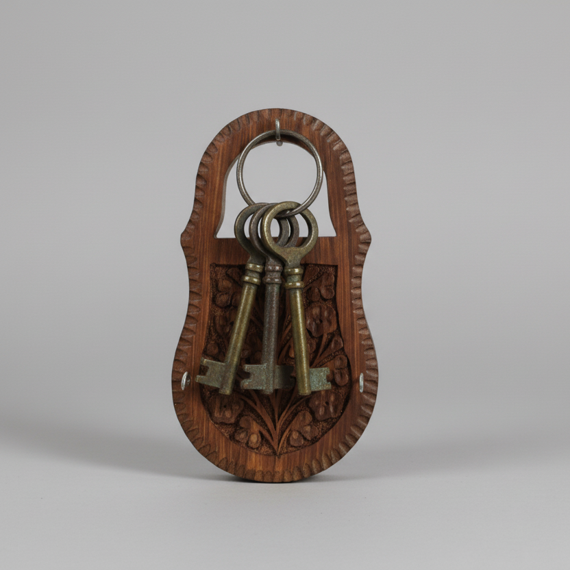 Wooden lock with floral carvings on a gray background