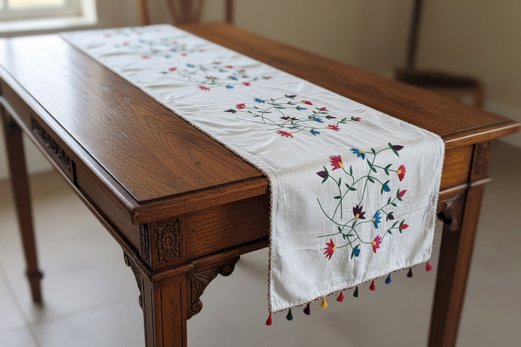 Beautiful Multicolored Hand embroidered bed Runner. 100% Cotton- 1 Pc