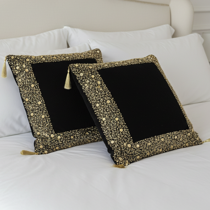 Luxury Black Velvet Cushion with Gold Sequins Hand Embroidery- 1 Pc