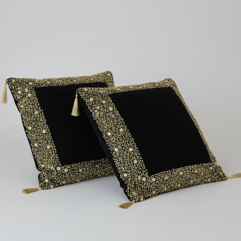 Luxury Black Velvet Cushion with Gold Sequins Hand Embroidery- 1 Pc