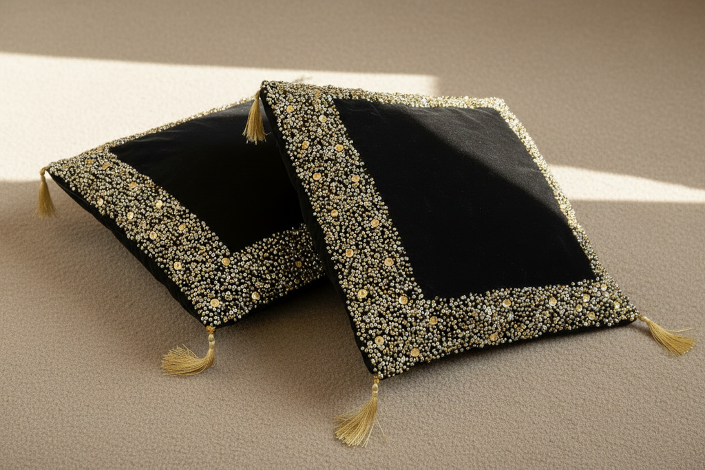 Two black cushions with gold embroidery and tassels on a patterned rug.