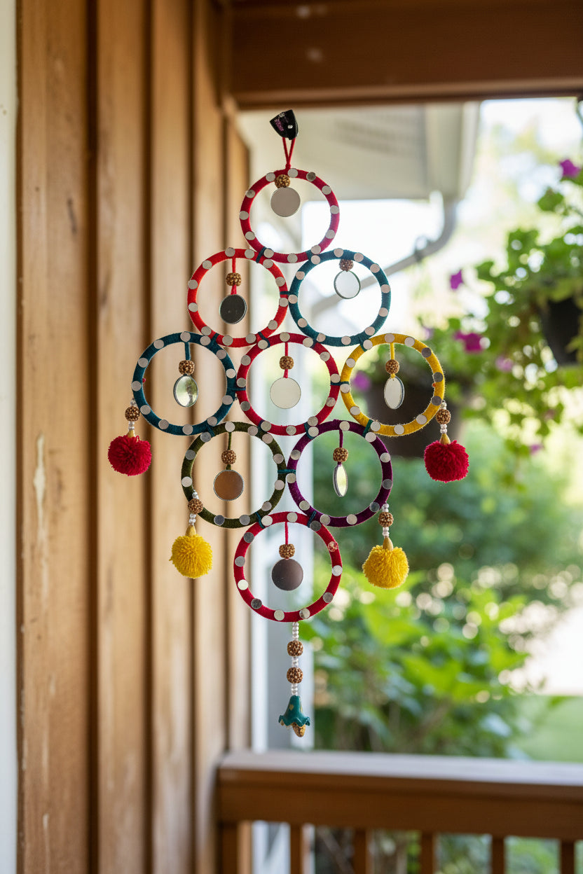 Colorful decorative items arranged in a circular pattern on a light gray background