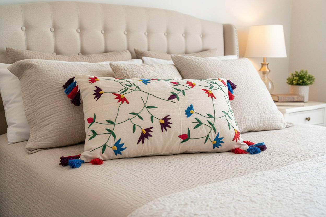 Beautiful Hand Embroidered Cushion-Base Color White-1 Pc