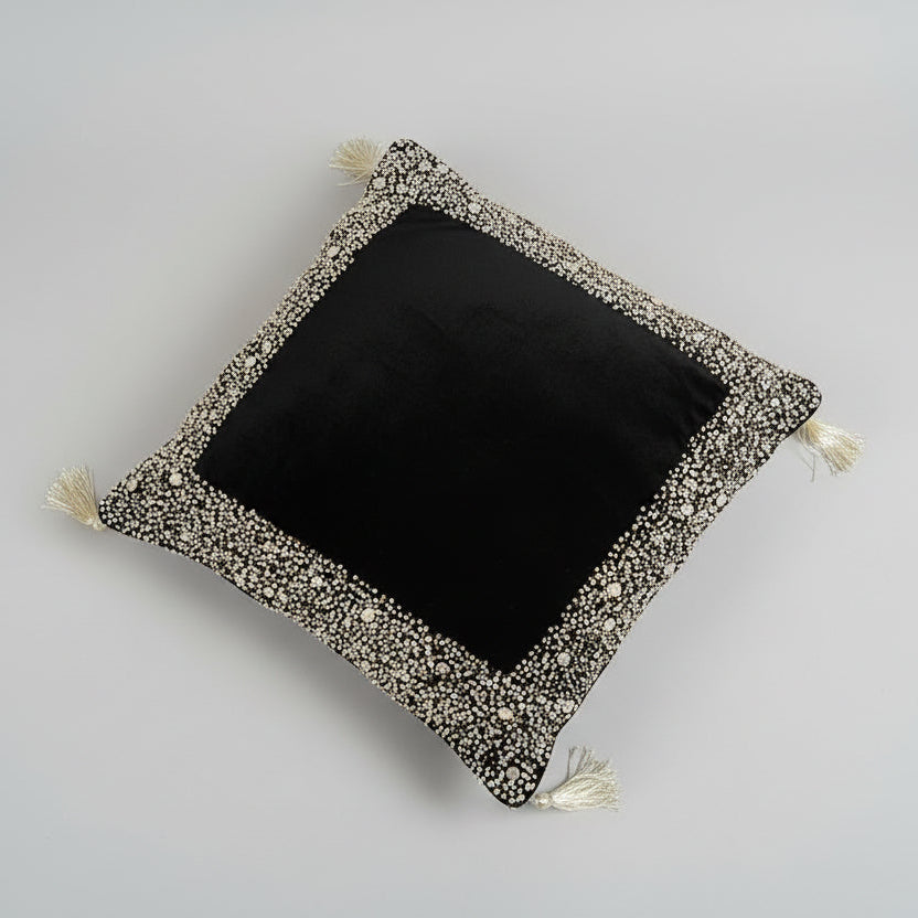 Luxury Black Velvet Cushion with Gold Sequins Hand Embroidery- 1 Pc