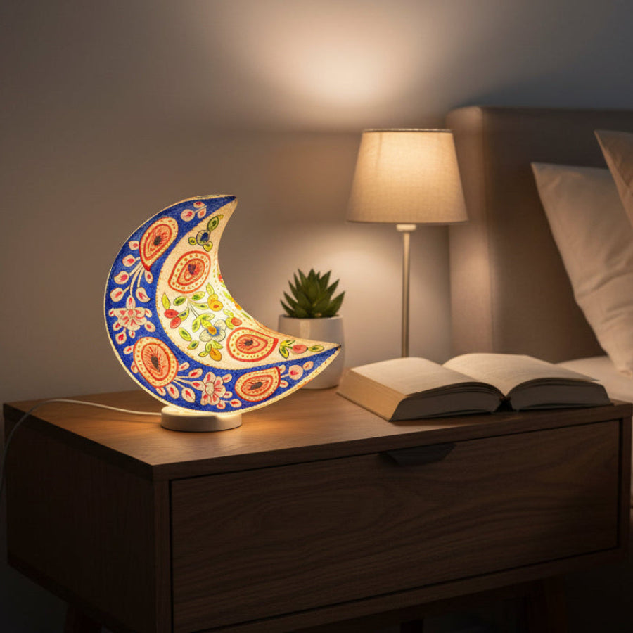 Hand Crafted Camel Skin Lamp in 2 Colors, Blue & Ted,Double Sided, Moon Shaped.