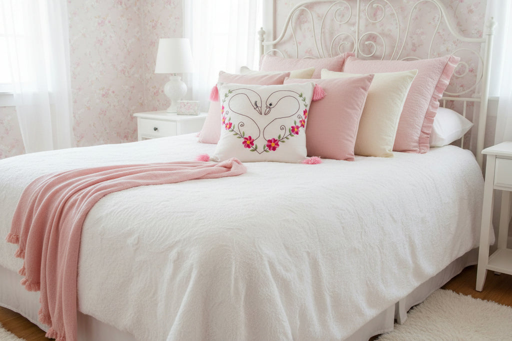 Decorative pillow with embroidered swans and flowers on a white background