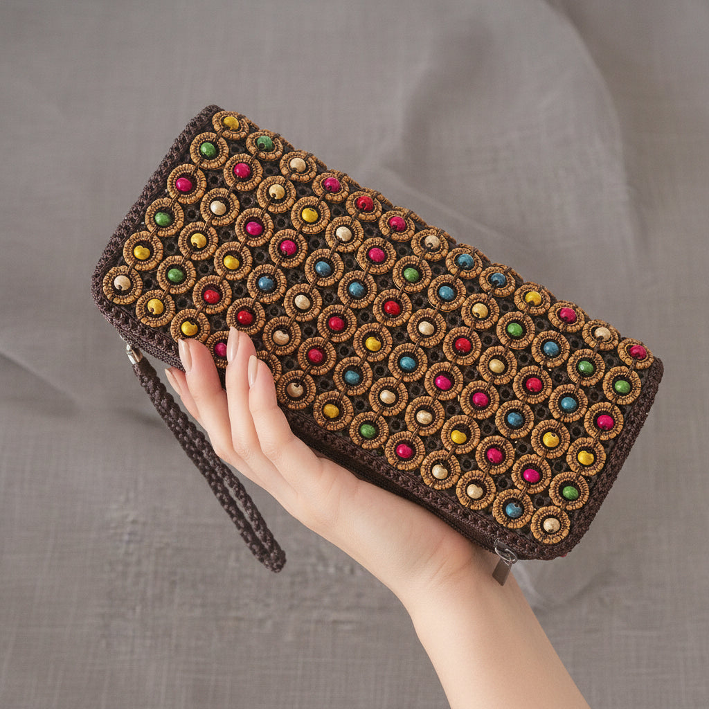 Handmade eco-friendly clutch bag crafted from natural coconut shells.