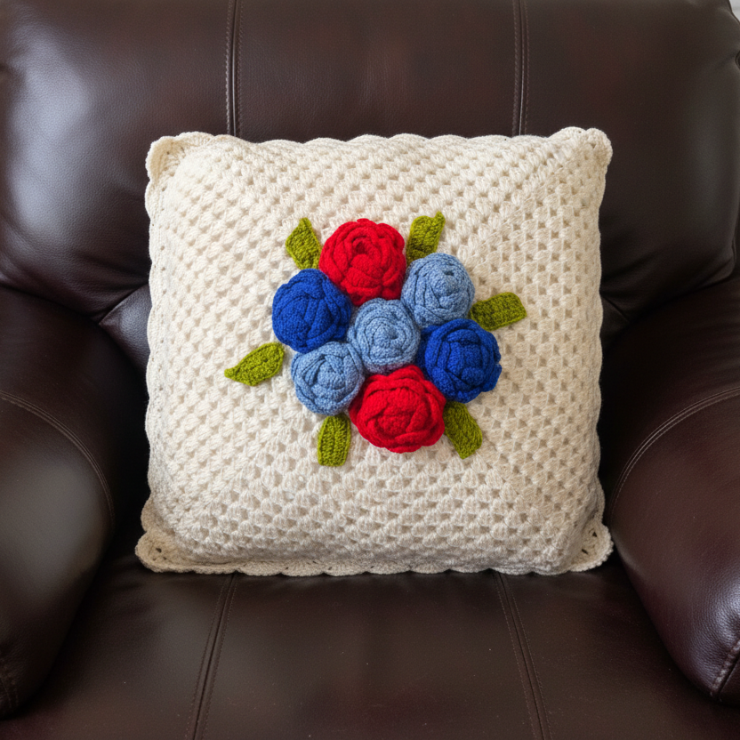 Crocheted pillow with colorful flower design on a brown leather chair
