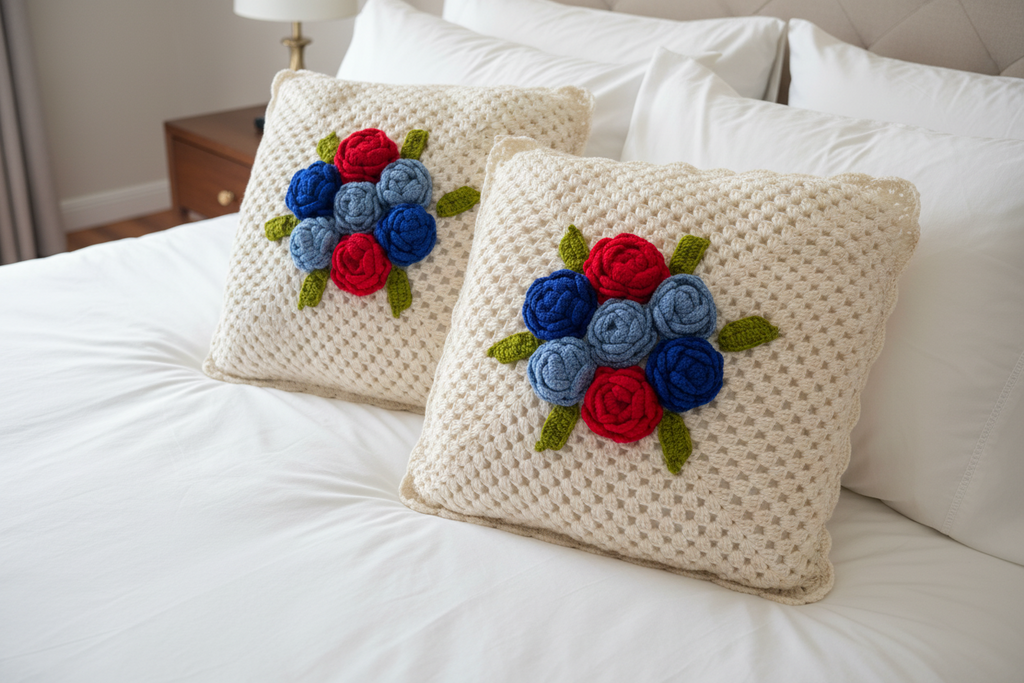 Two crocheted pillows with floral patterns on a bed