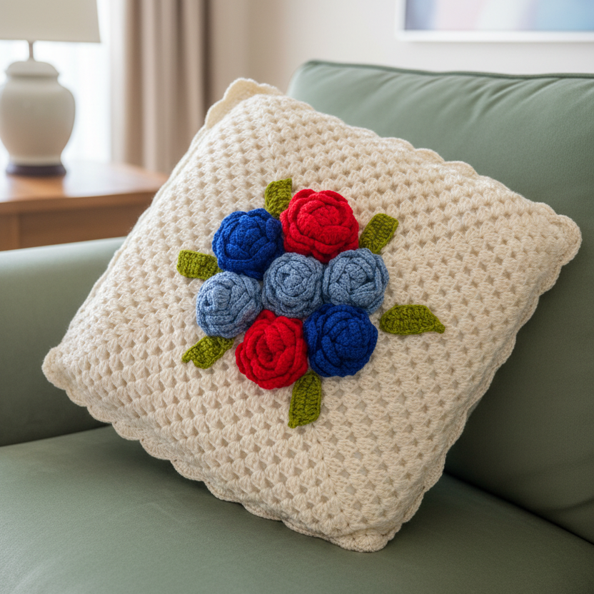 Handmade 3D crochet rose cushion cover- 1 Pc