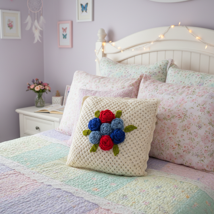 Bedroom with pastel bedding, floral pillows, and decorative items.