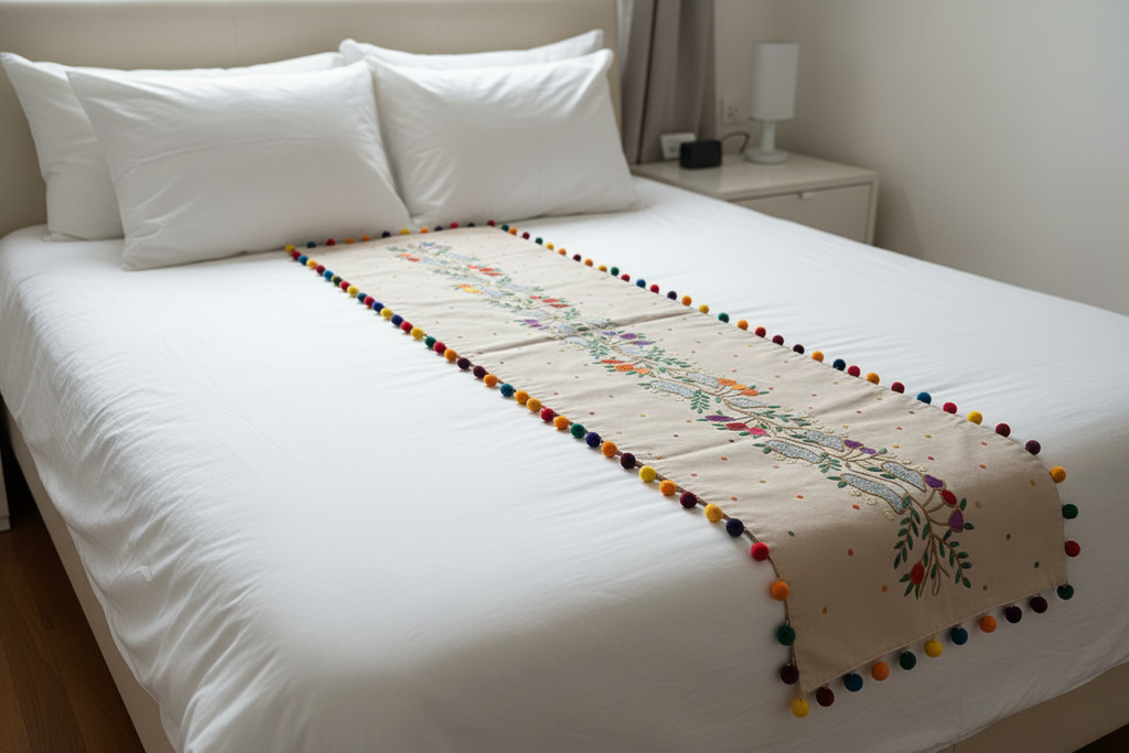 Bed with embroidered runner and colorful pom-poms in a bedroom setting