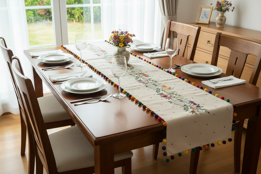 Hand Embroidered embellished runner on a  neutral fabric base