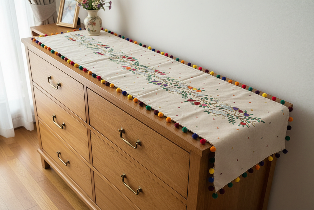 Hand Embroidered embellished runner on a  neutral fabric base