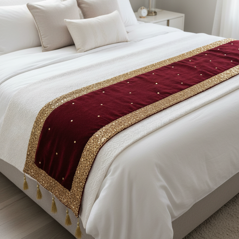 Decorative Bed Runner with Gold Sitara Work