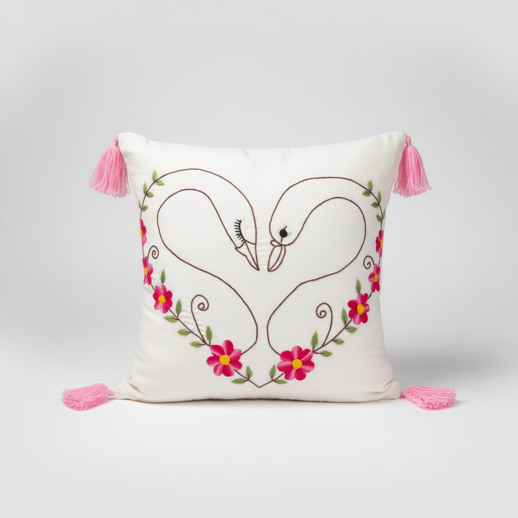 Decorative pillow with embroidered swans and flowers on a white background