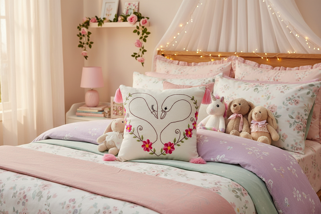 Children's bedroom with floral bedding, stuffed animals, and decorative pillows.