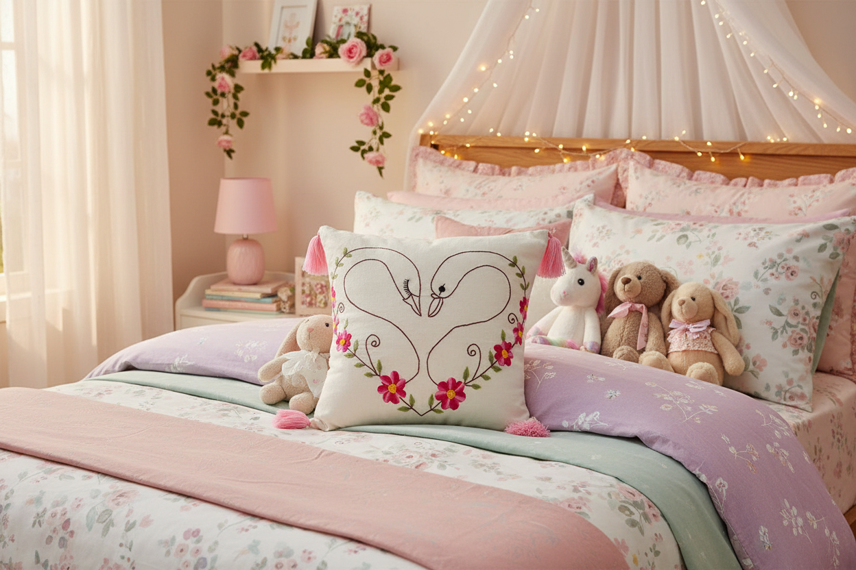 Children's bedroom with floral bedding, stuffed animals, and decorative pillows.