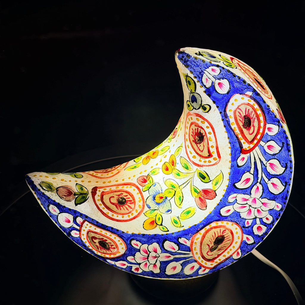 Hand Crafted Camel Skin Lamp in 2 Colors, Blue & Ted,Double Sided, Moon Shaped.