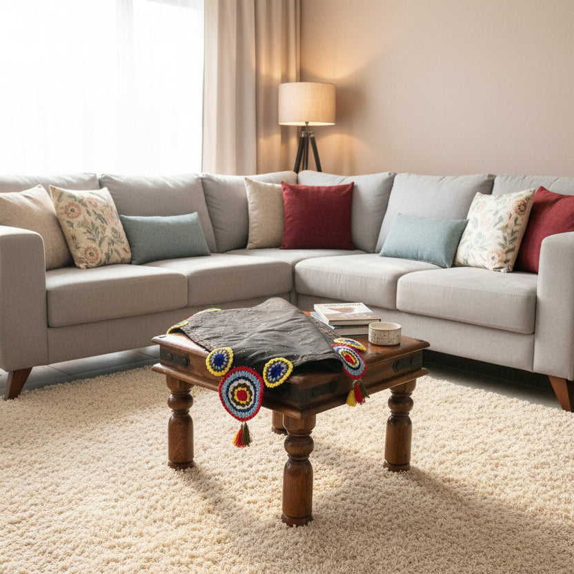 Hand crafted cotton table cover with Knitted Pattern