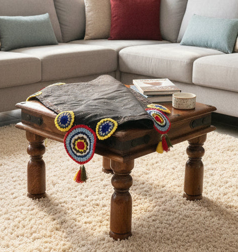 Hand crafted cotton table cover with Knitted Pattern