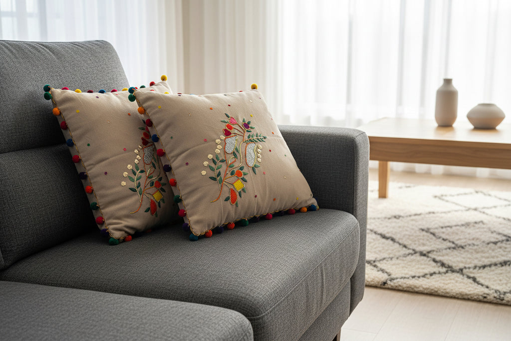 Hand Embroidered Cushion Cover - Multicolored -Size 45 x 45 cm- 1 Pc