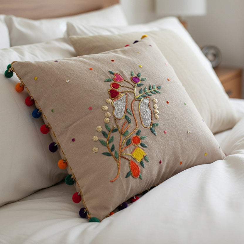 Hand Embroidered Cushion Cover - Multicolored -Size 45 x 45 cm- 1 Pc