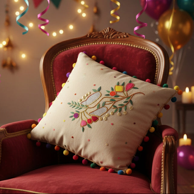 Hand Embroidered Cushion Cover - Multicolored -Size 45 x 45 cm- 1 Pc
