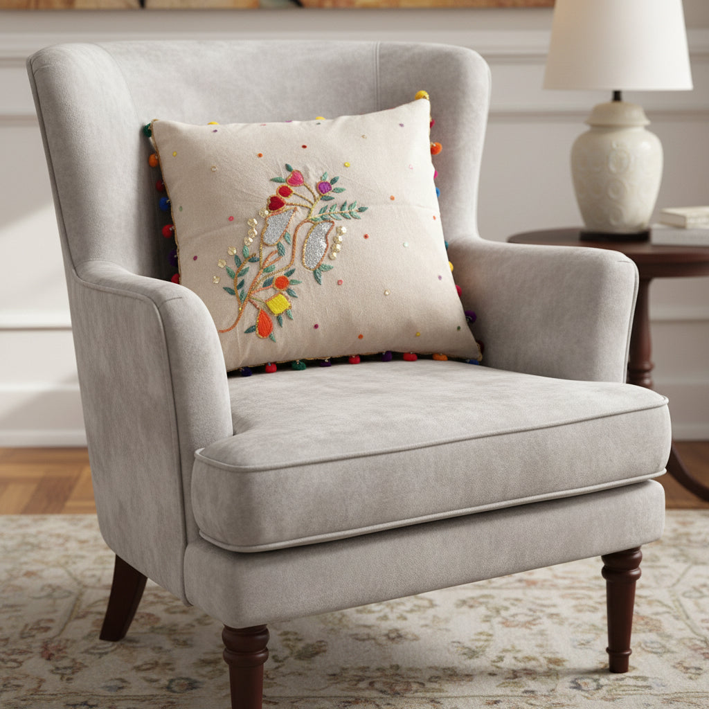 Hand Embroidered Cushion Cover - Multicolored -Size 45 x 45 cm- 1 Pc