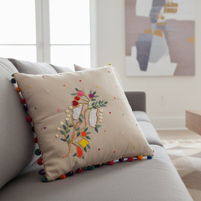 Hand Embroidered Cushion Cover - Multicolored -Size 45 x 45 cm- 1 Pc