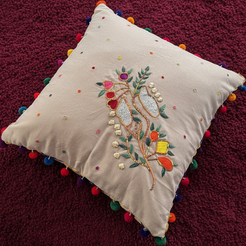 Hand Embroidered Cushion Cover - Multicolored -Size 45 x 45 cm- 1 Pc