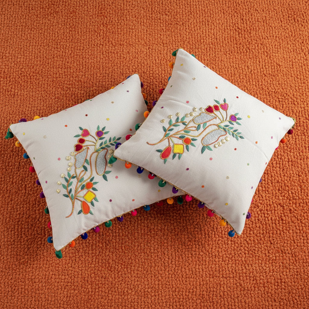 Hand Embroidered Cushion Cover - Multicolored -Size 45 x 45 cm- 1 Pc