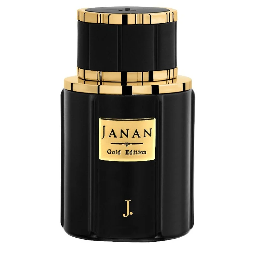 Black and gold perfume bottle with 'JANAN Gold Edition' label on a white background