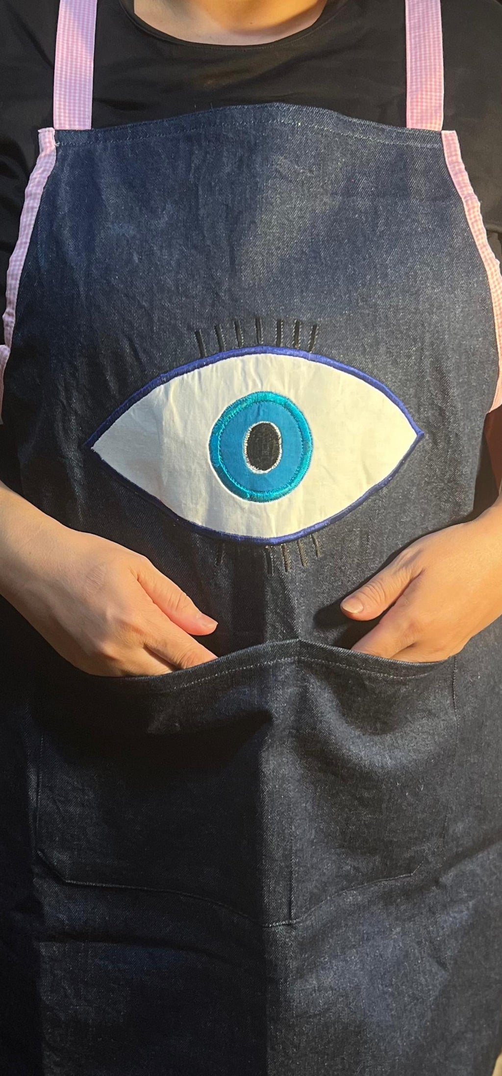 Cotton Denim Evil Eye Apron Soft - with 2-Pockets Perfect for Kitchens