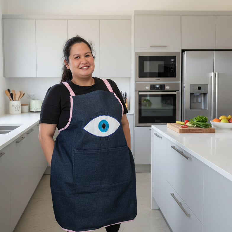 Cotton Denim Evil Eye Apron Soft - with 2-Pockets Perfect for Kitchens