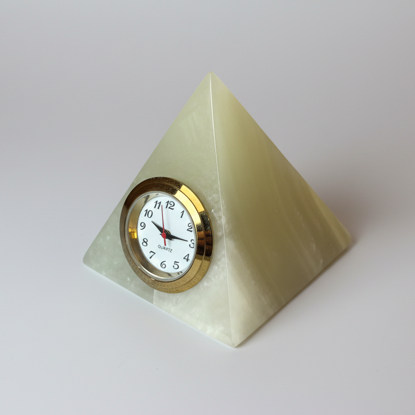 Handcrafted pyramid-shaped desk clock made from genuine marble or onyx stone.