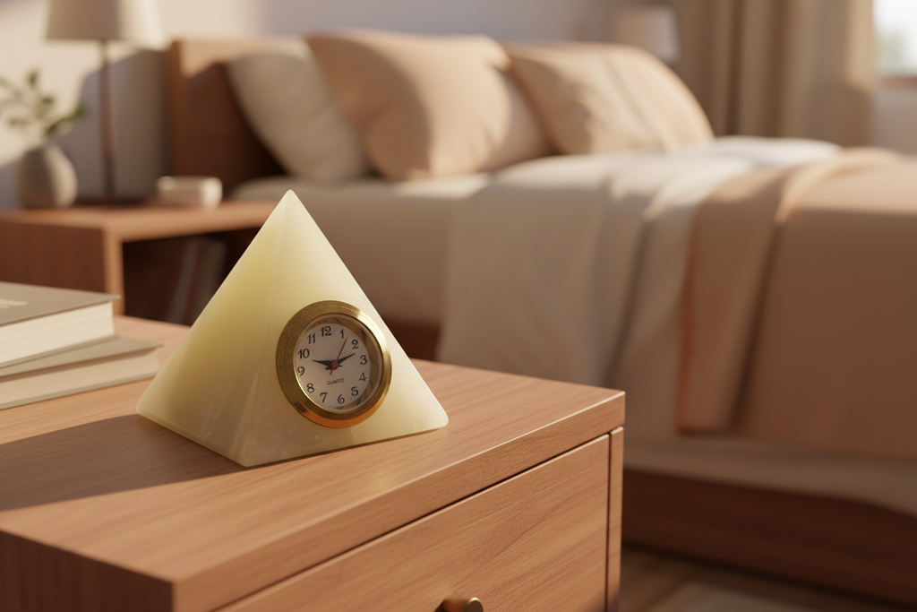 Handcrafted pyramid-shaped desk clock made from genuine marble or onyx stone.