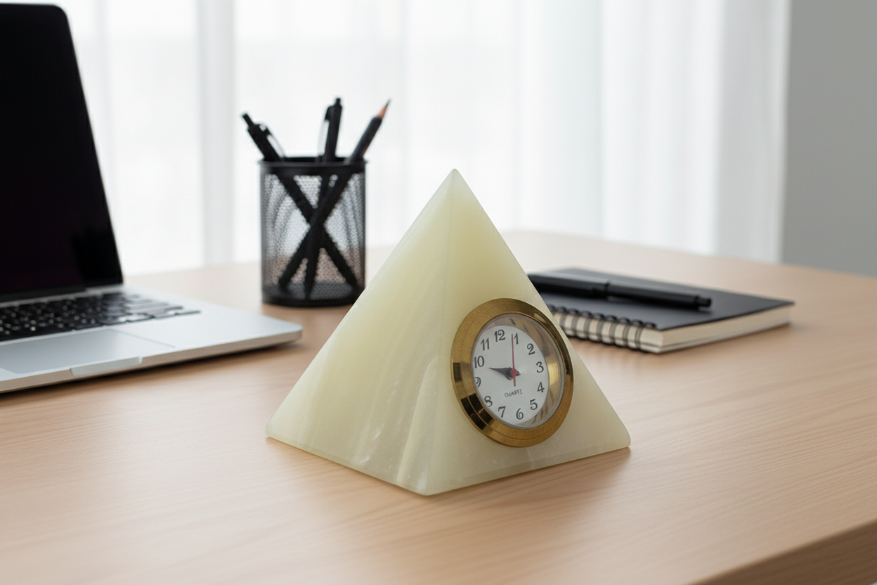 Handcrafted pyramid-shaped desk clock made from genuine marble or onyx stone.