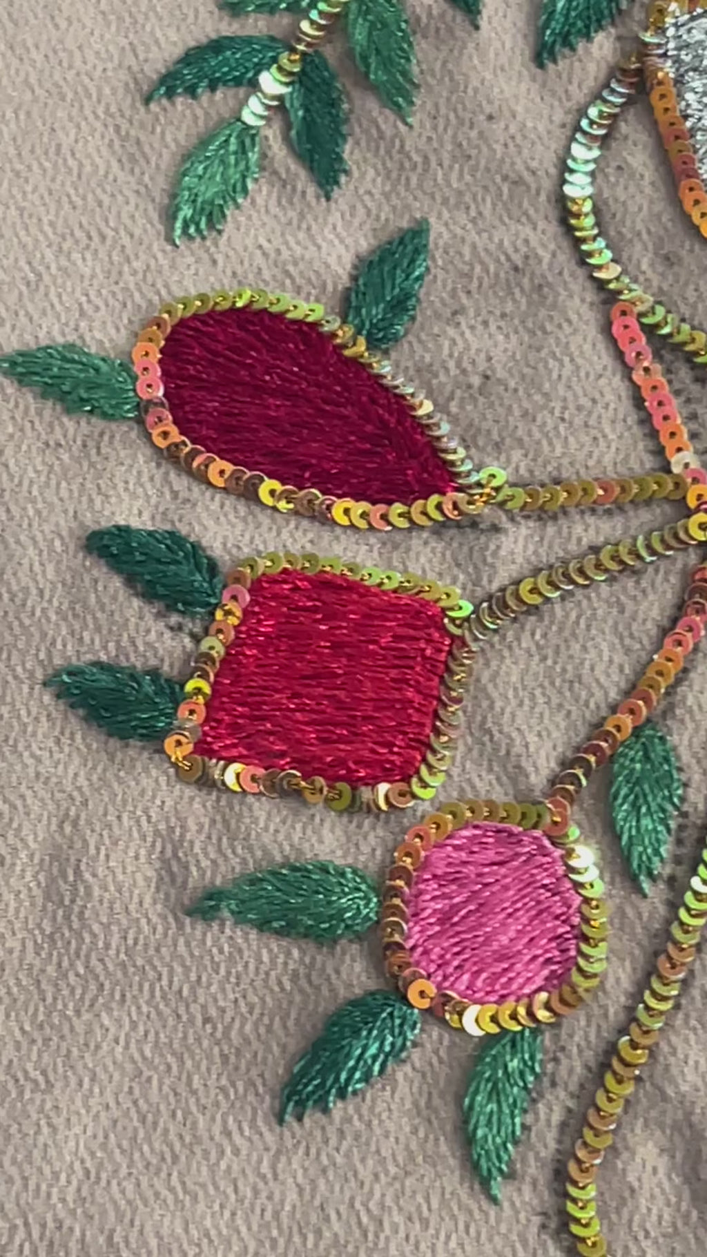 Hand Embroidered embellished runner on a  neutral fabric base